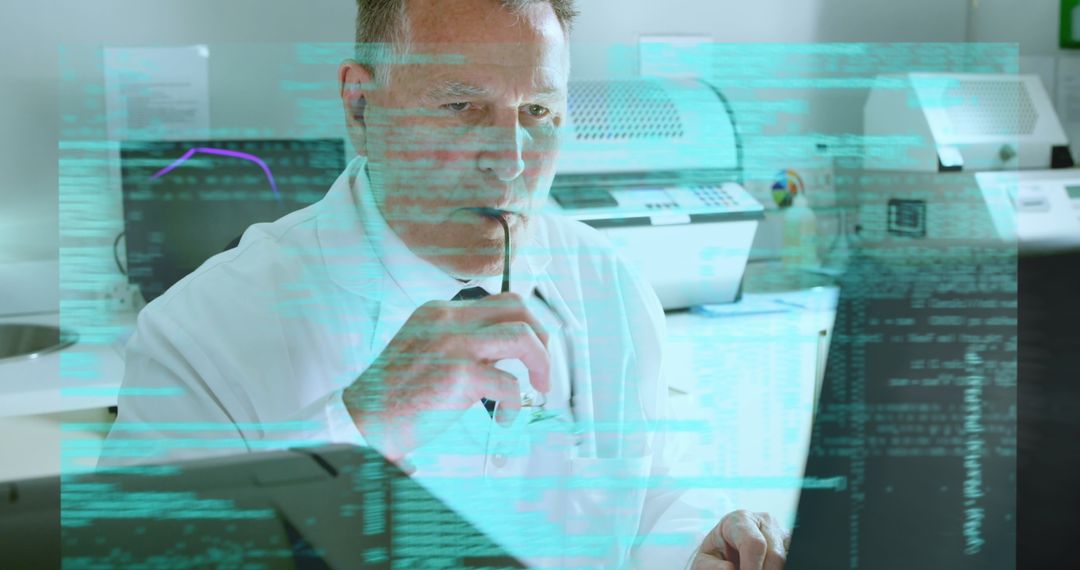 Focused Doctor Analyzing Digital Data in Laboratory Environment