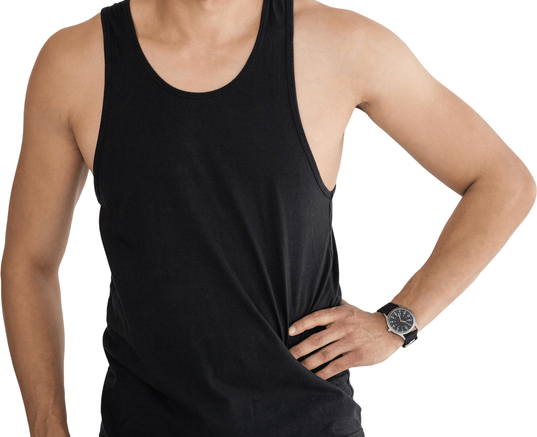Man in Black Tank Top Posing With Hand on Hip on Transparent Background