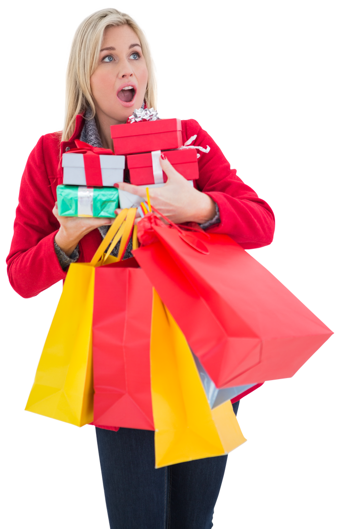 Excited Woman Holding Many Gifts and Shopping Bags on Transparent Background - Download Free Stock Images Pikwizard.com