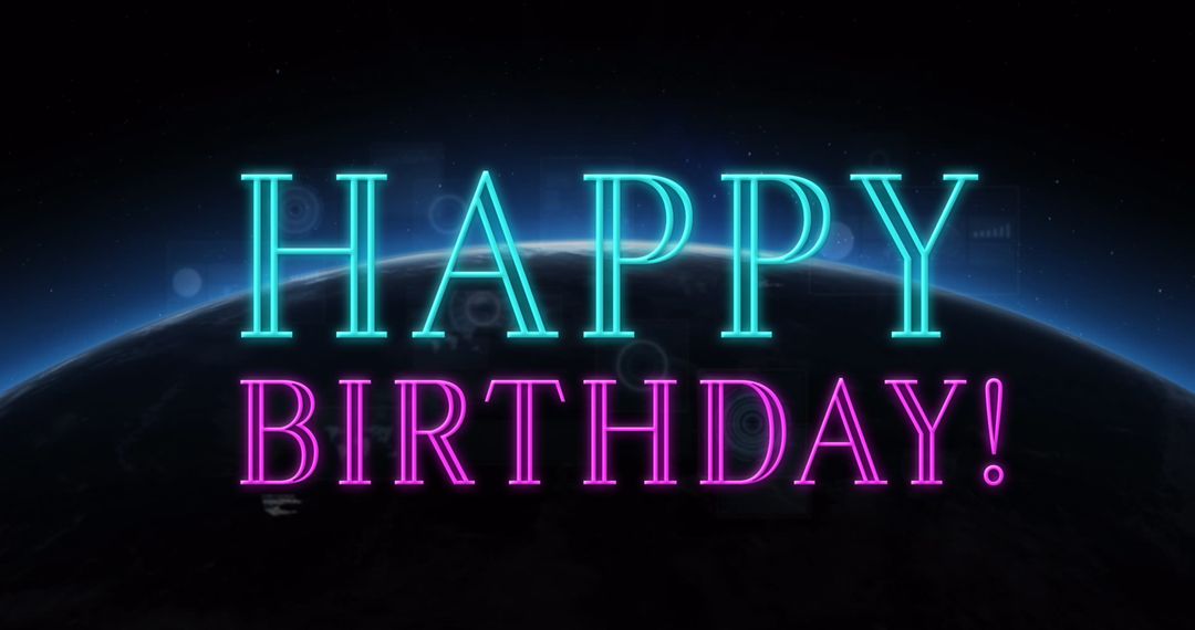 Stylish Neon Happy Birthday Text on Digital Globe