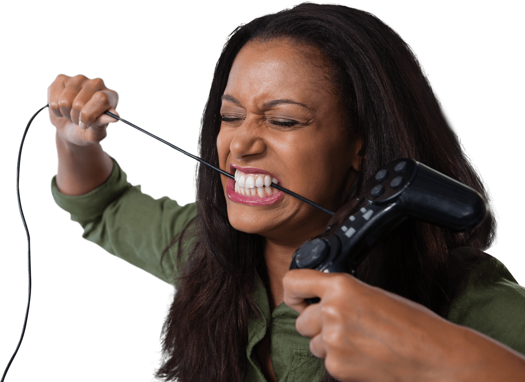 Frustrated Woman Biting Joystick Wire on Transparent Background