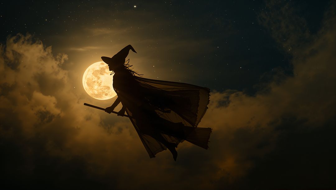 Silhouette of Witch with Broomstick Against Full Moon