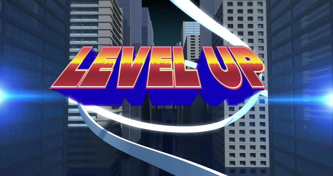 Dynamic Orange Text 'Level Up' Over Modern Cityscape