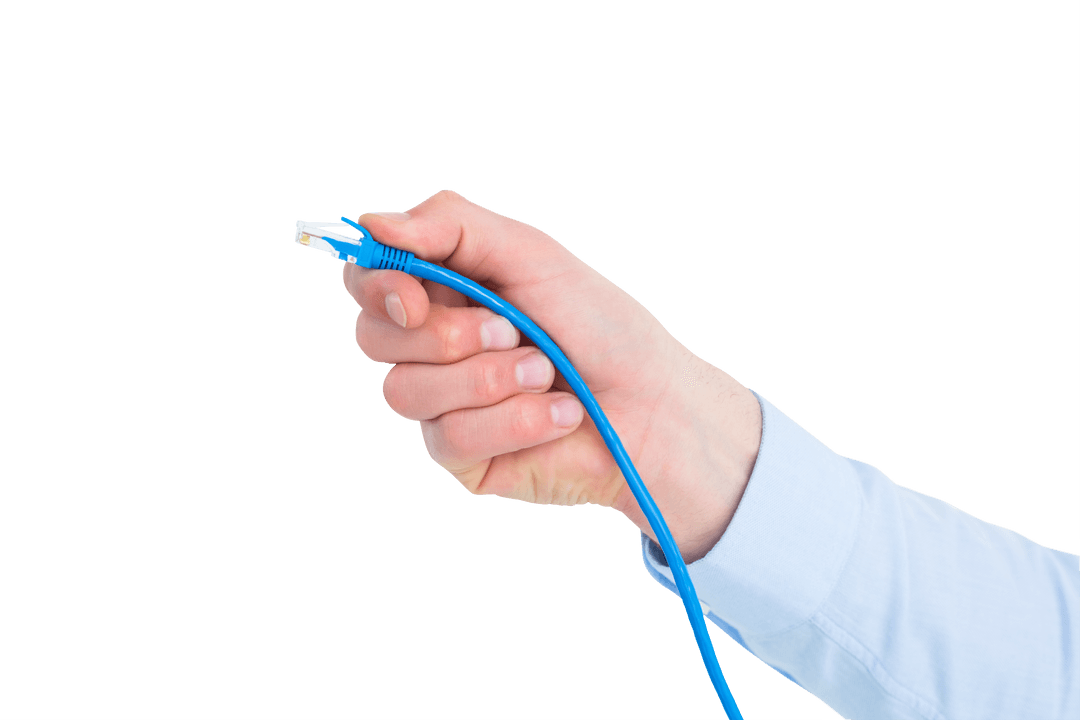 Hand Holding Blue Network Cable on Transparent Background