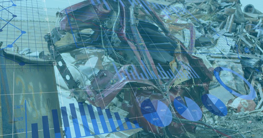 Digital Financial Data Overlaid on Junkyard Scene Illustrates Recycling Economy