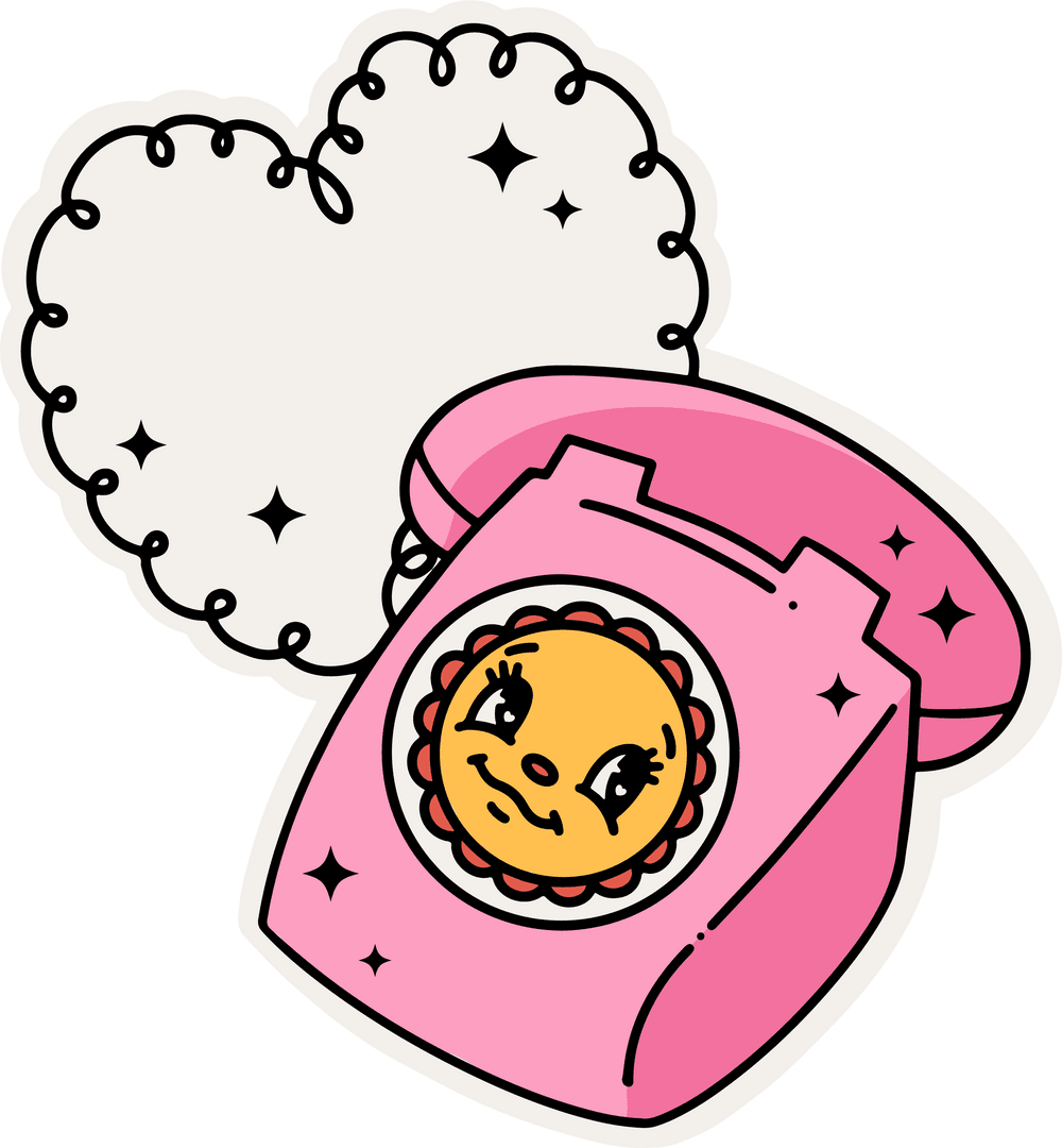 Pink Cartoon Phone with Sun Face Sparkly Talk Bubble Illustration