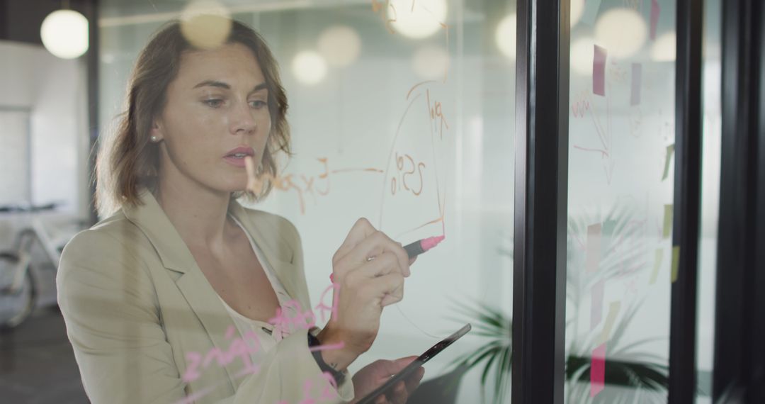 Businesswoman Writing Strategy on Glass Wall During Meeting - Free Images, Stock Photos and Pictures on Pikwizard.com