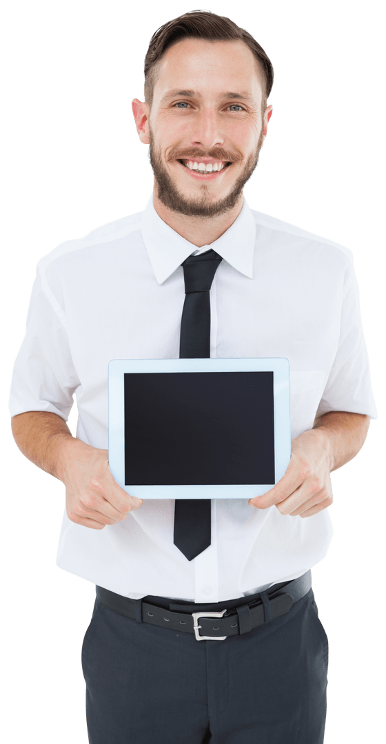 Smiling Businessman Displaying Tablet on Transparent Background