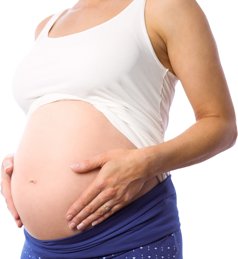 Pregnant woman holding baby bump in white top and cozy pants - Download Free Stock Images Pikwizard.com