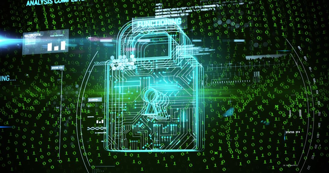Digital padlock and binary code representing online security