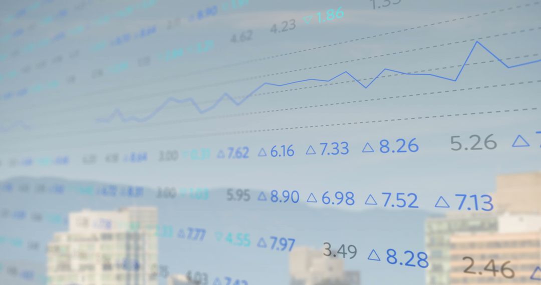 Digital Financial Data Overlay with Cityscape Background