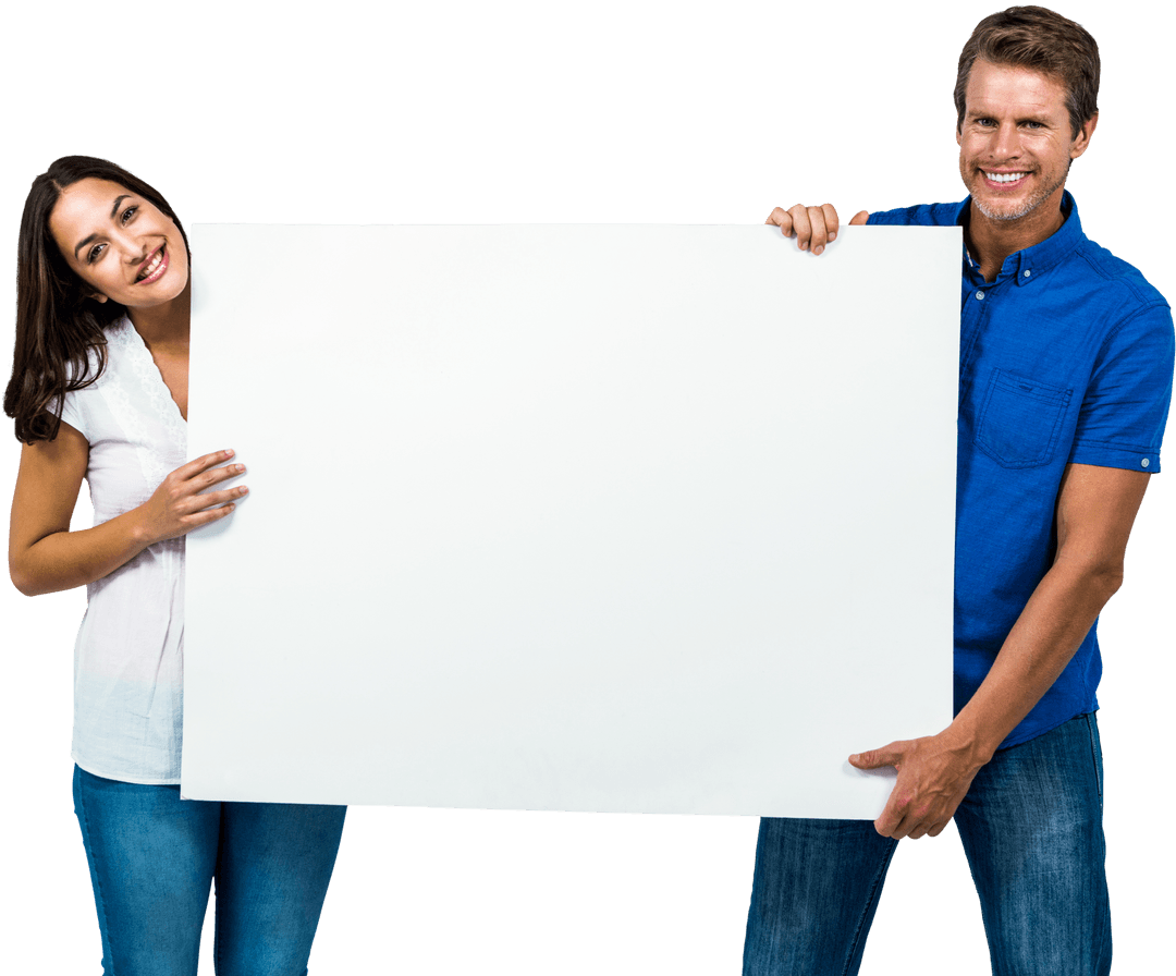 Smiling Couple Holding Large Blank Transparent Board