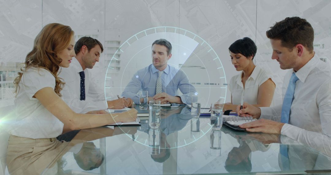 Business Meeting with Virtual Interface Hologram Overlay