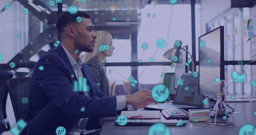 Business Professionals with Digital Data Network Icons Overlay