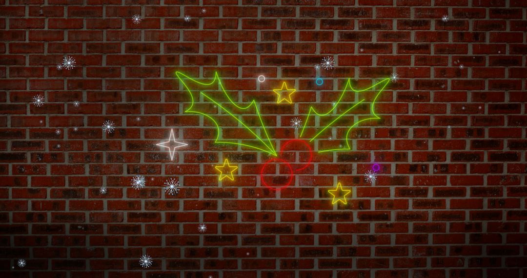 Neon Holiday Holly with Stars on Brick Wall - Free Images, Stock Photos and Pictures on Pikwizard.com