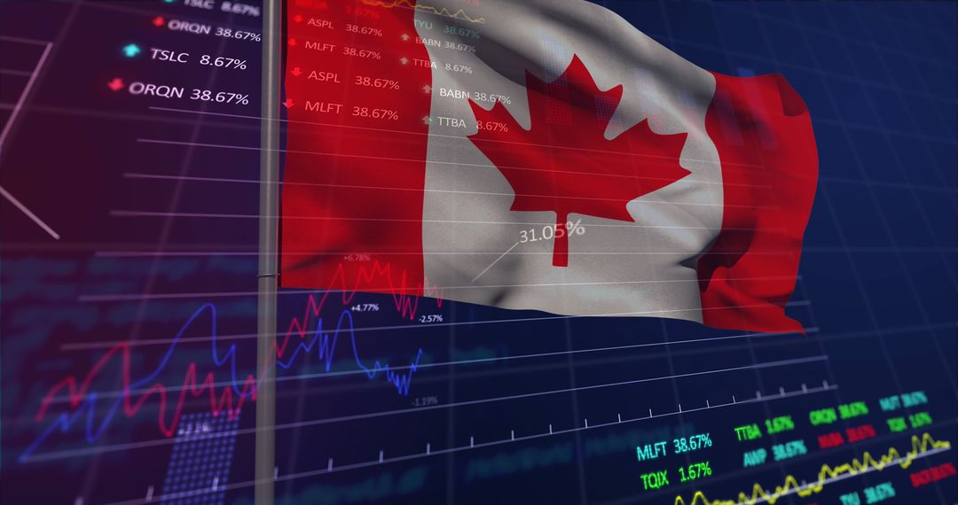 Canadian Flag Overlapping Digital Trading Screen with Stock Graphs and Data