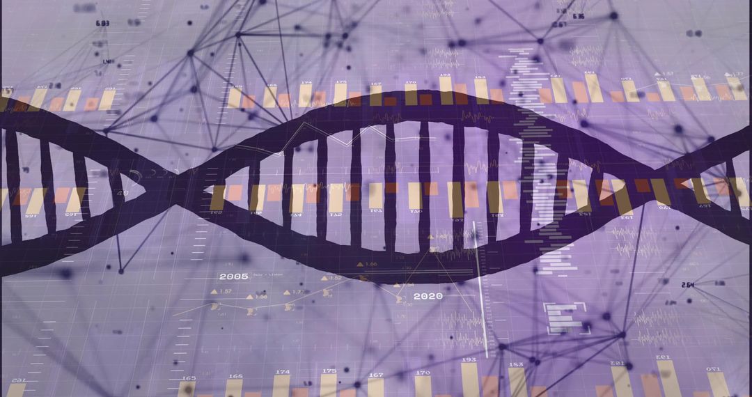 Digital DNA Helix with Data Network Visualization in Purple Hue