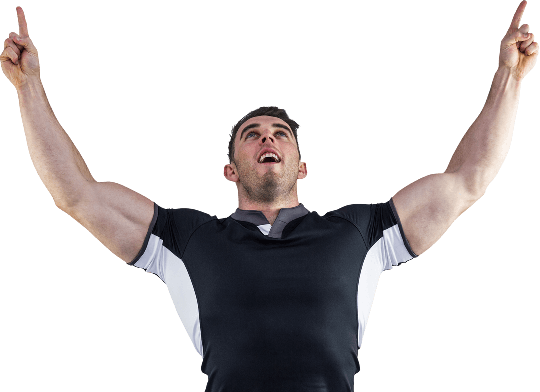Excited Rugby Player Cheering with Raised Arms Transparent Background
