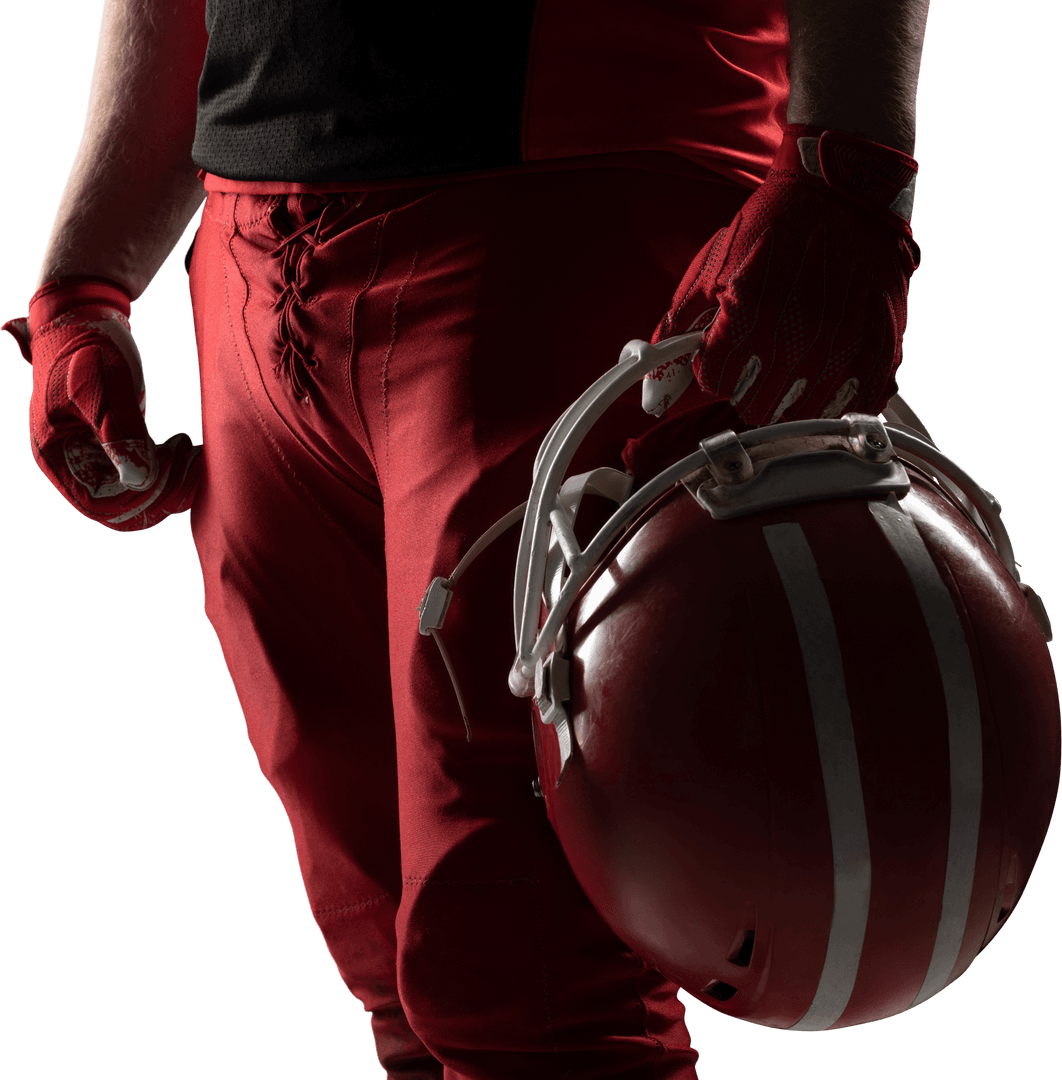 Rugby Player's Arm Holding Helmet on Transparent Background