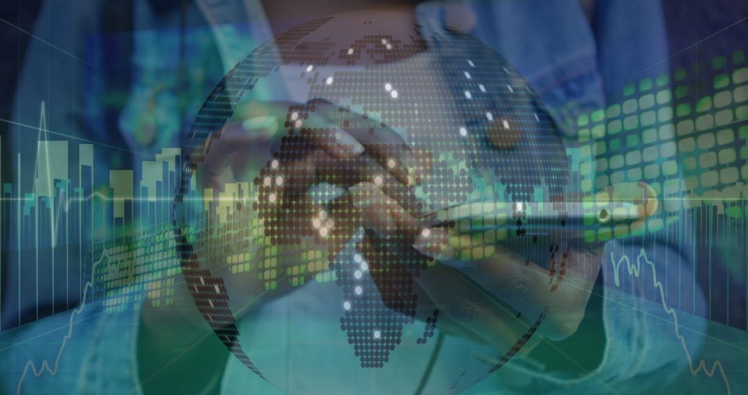 Caucasian Woman Engaging with Global Finance Data on Smartphone