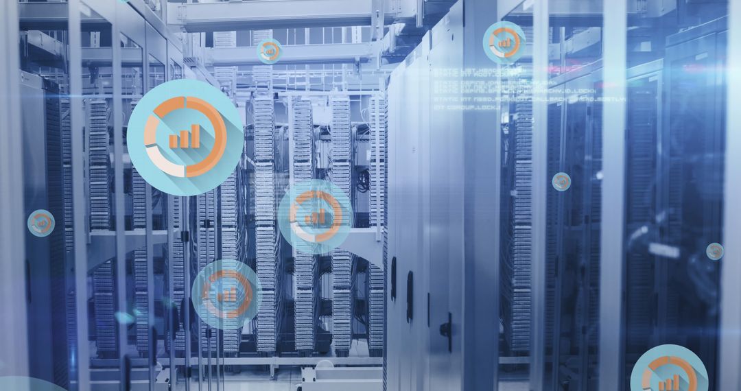Modern Data Center with Digital Data Visualization Overlay