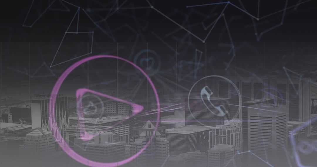 Digital Icons Overlaying Urban Cityscape with Connectivity Themes