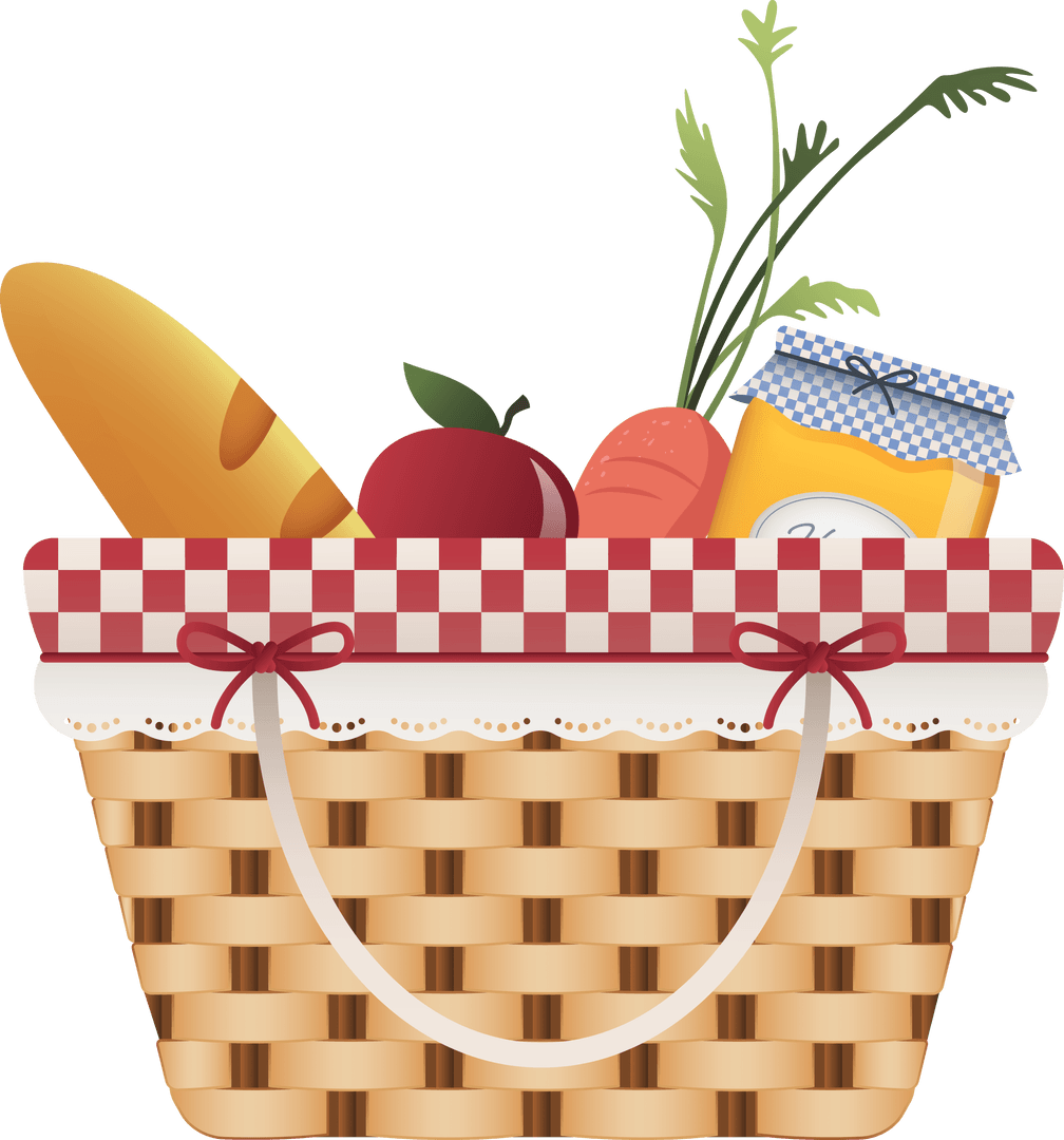 Transparent Picnic Basket with Baguette and Fruits Illustration