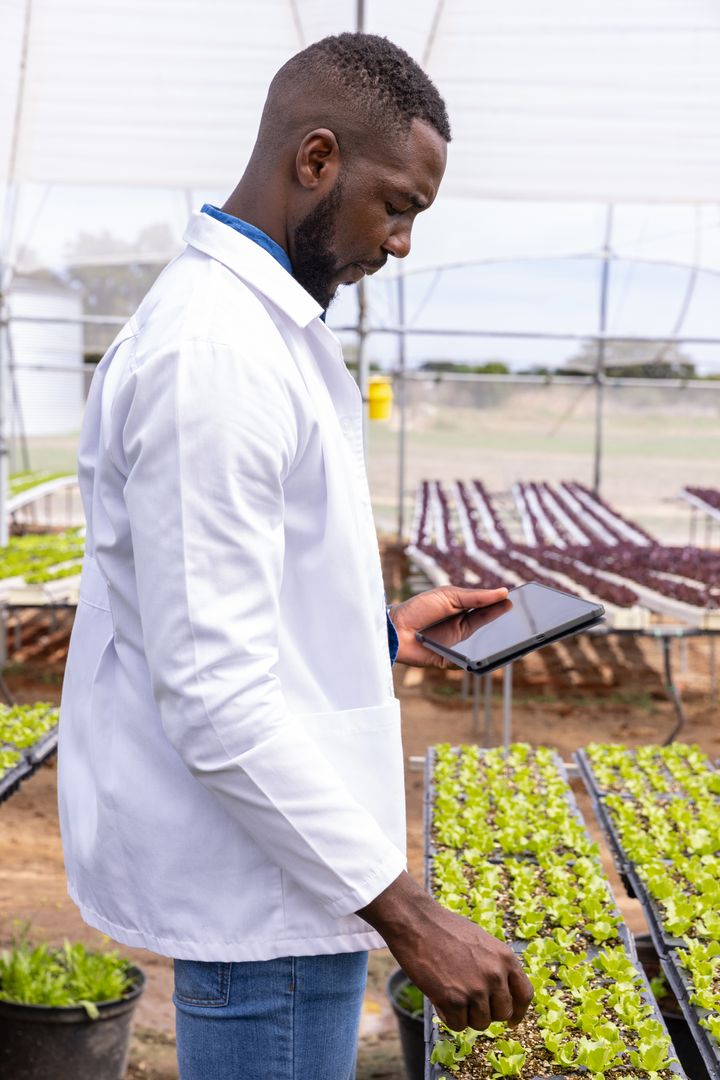 Scientist in Lab Coat Conducting Research in Greenhouse with Tablet