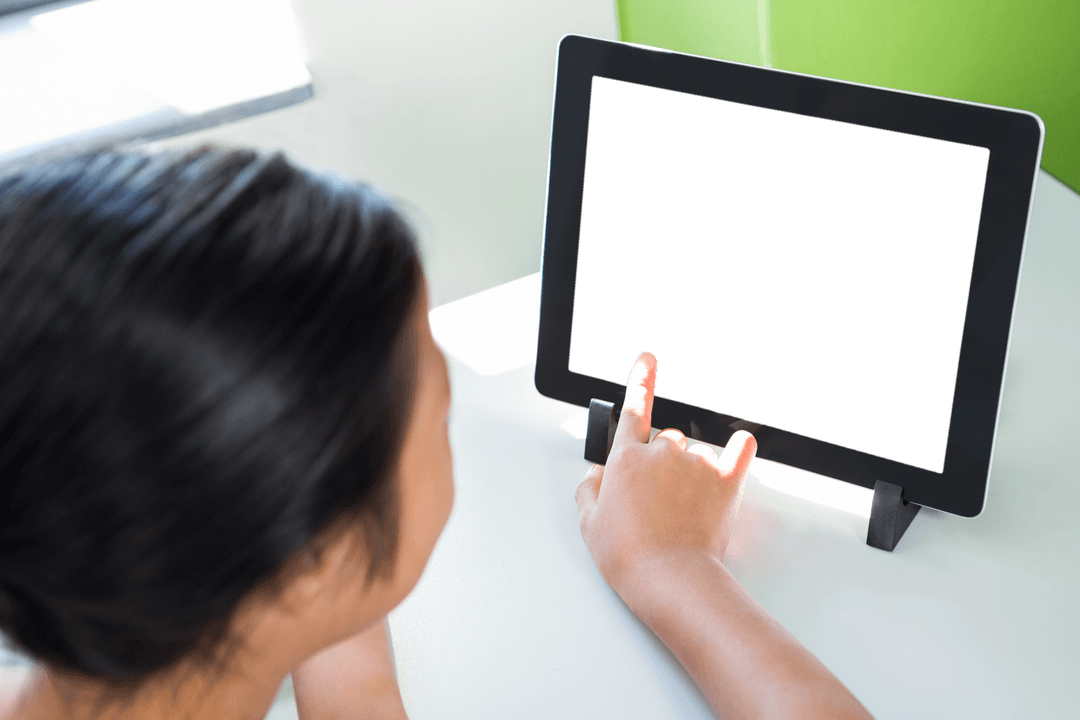 Girl Interacting With Transparent Screen Digital Tablet