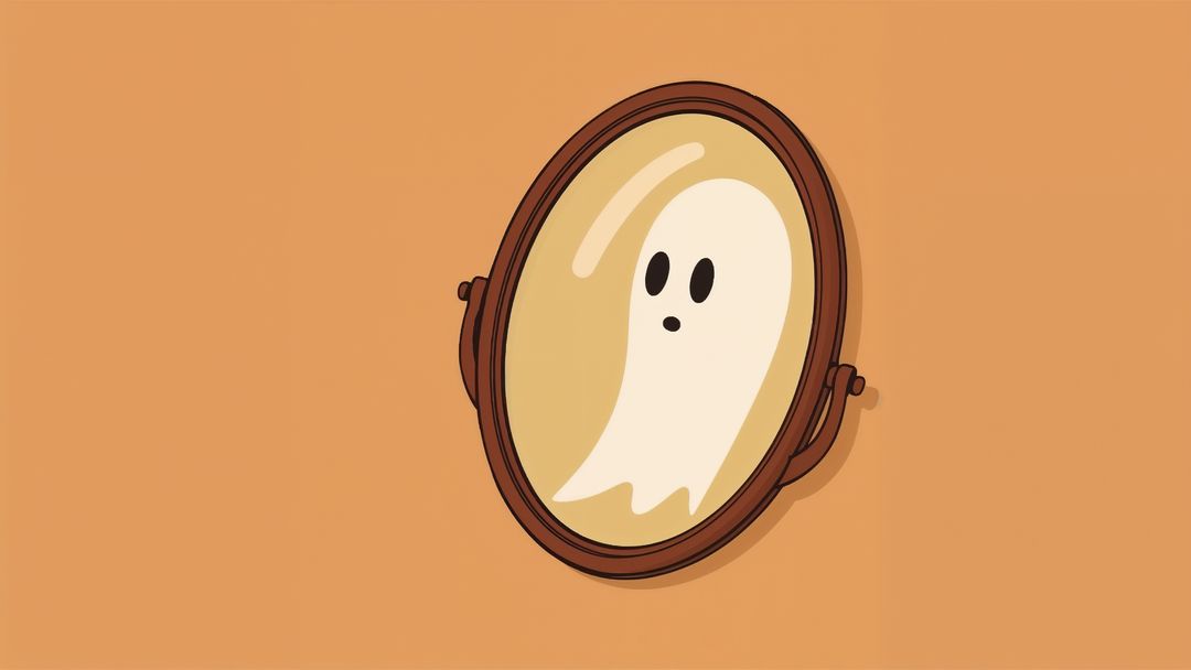 Whimsical Ghost Reflection in Vintage Oval Mirror on Orange Wall