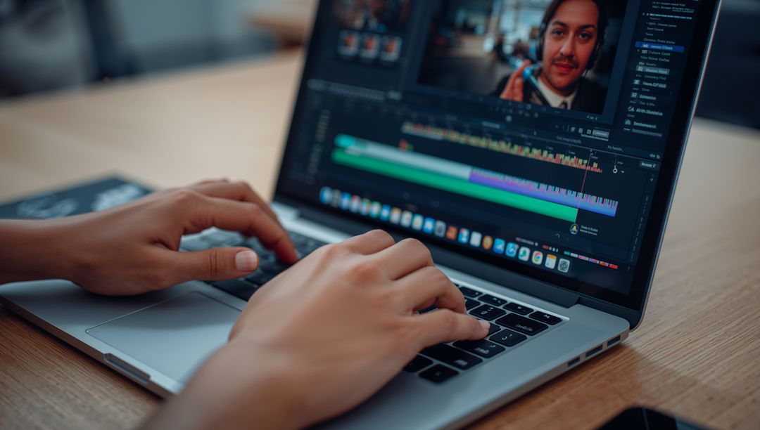 Hands Editing Video Timeline on Laptop in Modern Coworking Studio for Content Creation