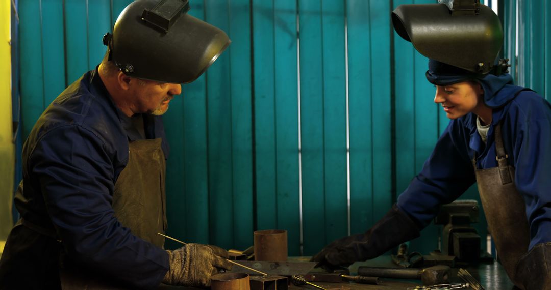 Experienced and Young Welders Collaborating in Workshop - Free Images, Stock Photos and Pictures on Pikwizard.com