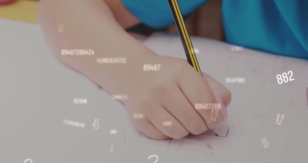 Child Writing Homework with Digital Data Overlay