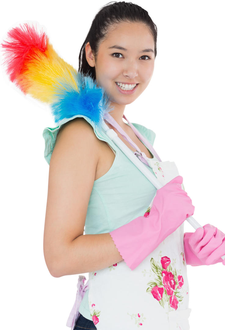 Smiling Woman in Transparent Background Holding Feather Duster and Wearing Apron - Download Free Stock Images Pikwizard.com