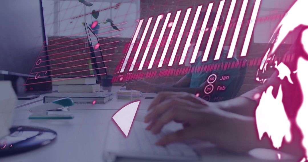 Woman Typing with Digital Graphics Overlay Meeting Data Stream