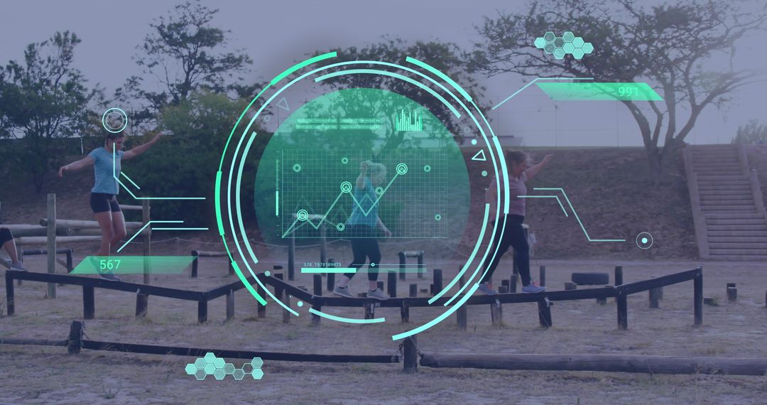 Digital Fitness Data Overlay on Women at Obstacle Course