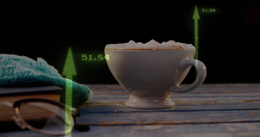 Coffee Cup with Data Projections on Rustic Desk