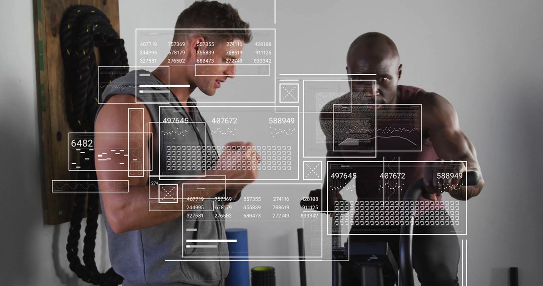Digital Fitness Tracking: Two Men Analyzing Workout Data at Gym