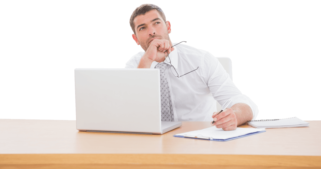 Thoughtful Businessman Contemplating Work at Desk on Transparent Background