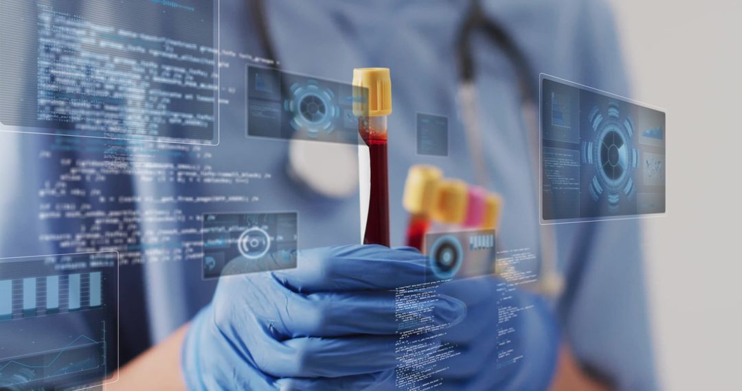 Medical Professional Analyzing Blood Samples with Digital Data Interface
