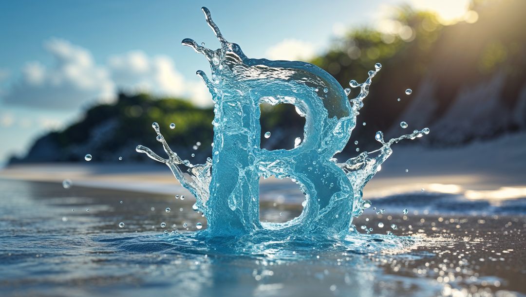 3D Water Splash Shaped as Capital Letter B on Beach