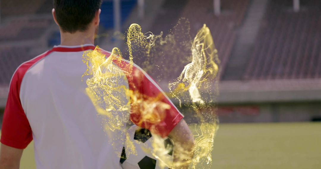 Dynamic Soccer Player Holding Ball with Golden Energy Effect