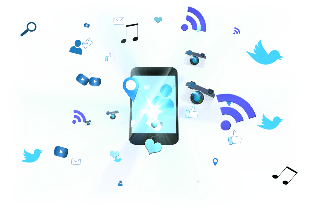 Digital Illustration of Smartphone with Media Icons on Transparent Background