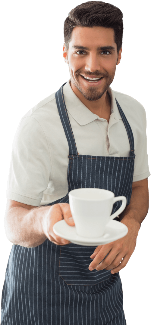 Smiling Waiter Offering Coffee Cup with Transparent Background