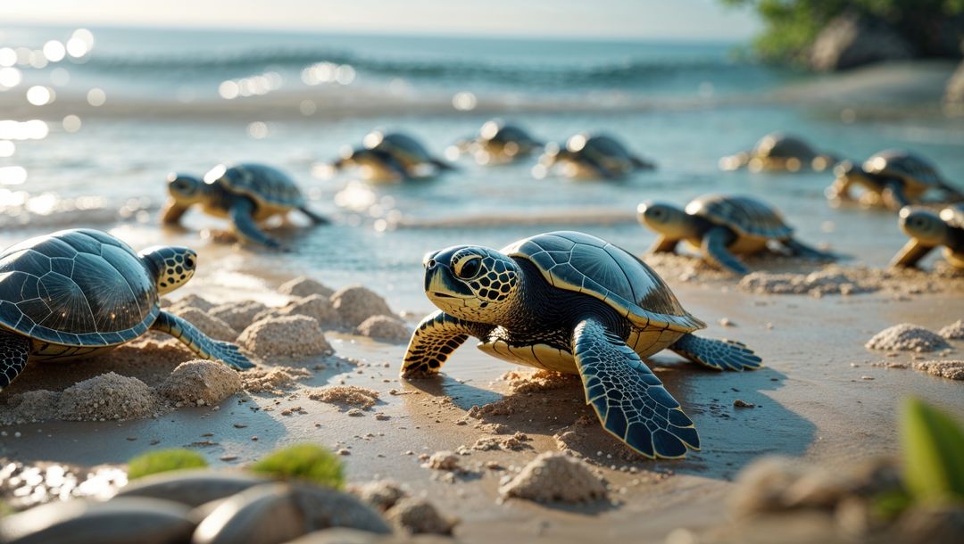 Sea turtle hatchlings navigating bay of bengal beach towards ocean