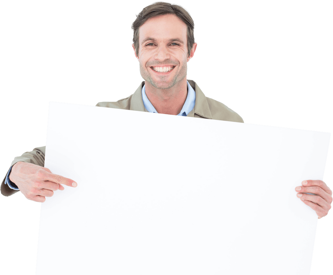 Smiling Delivery Man Pointing at Blank Transparent Billboard