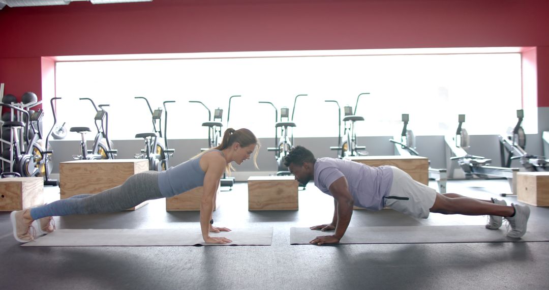 Diverse Gym Duo in Plank Position Highlighting Core Strength Devotion