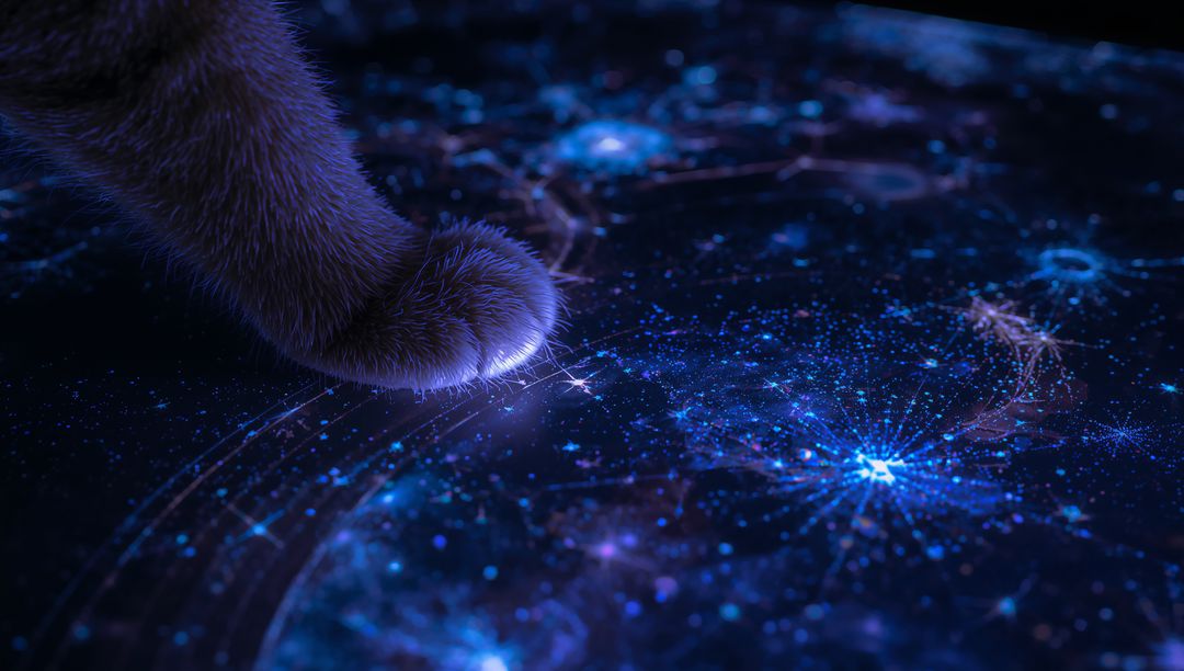 Furry Cat Paw Touching Neon Star Map Hologram Pressing Glowing Cosmic Node