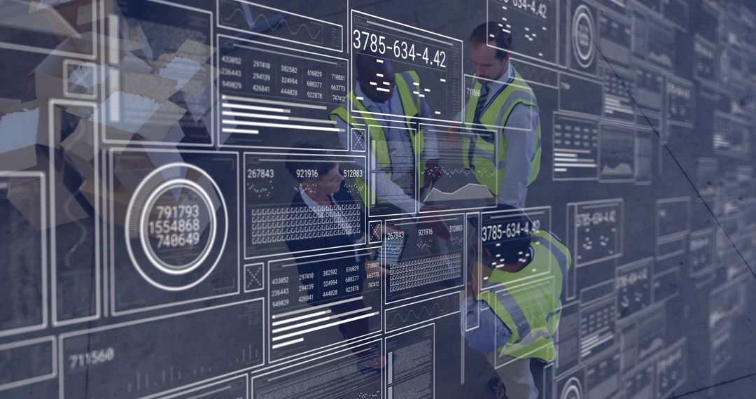 Engineers Analyzing Digital Data on Transparent Screens