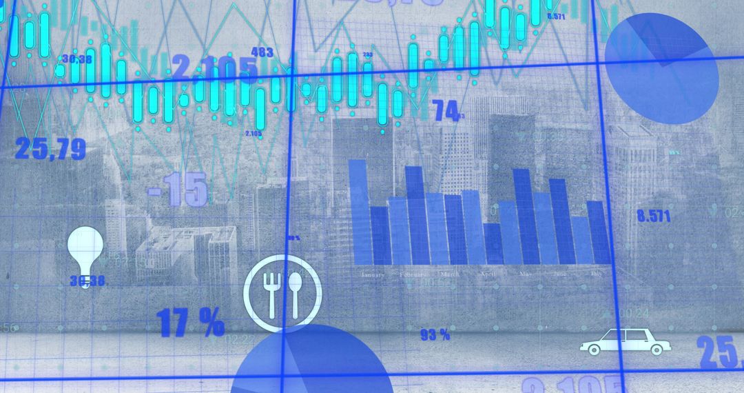 Abstract Financial Graphs Overlaying Skyline Cityscape
